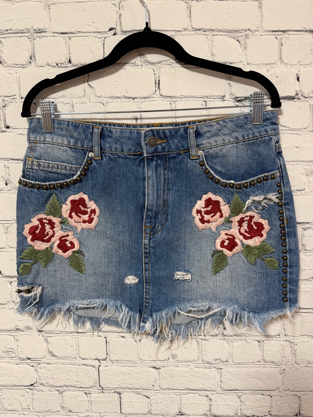 Free People Blue Denim Mini Skirt with Rose Embroidery